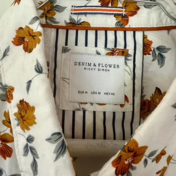 NWT! Denim & Flower Men’s White Shirt with brown and Green Floral Design - Picture 2 of 5